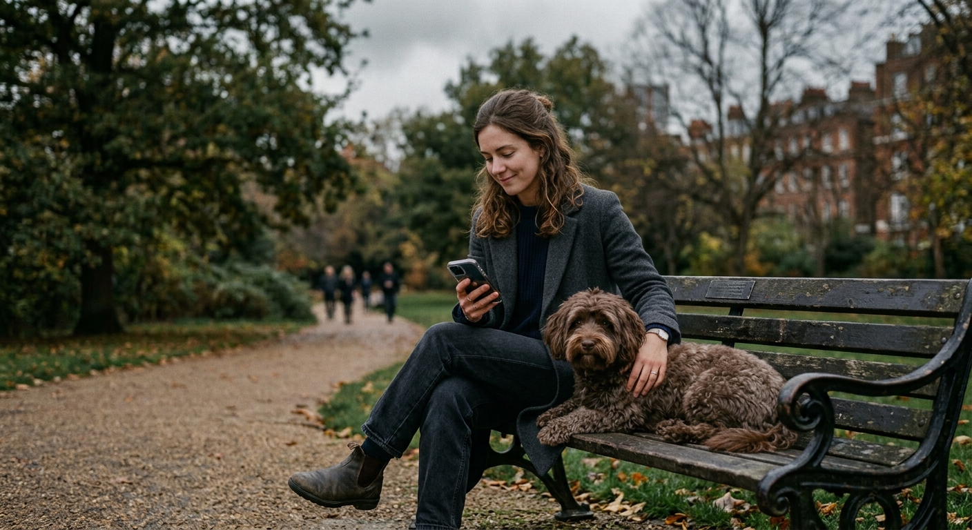 Kunde i en park, der bruger sin telefon